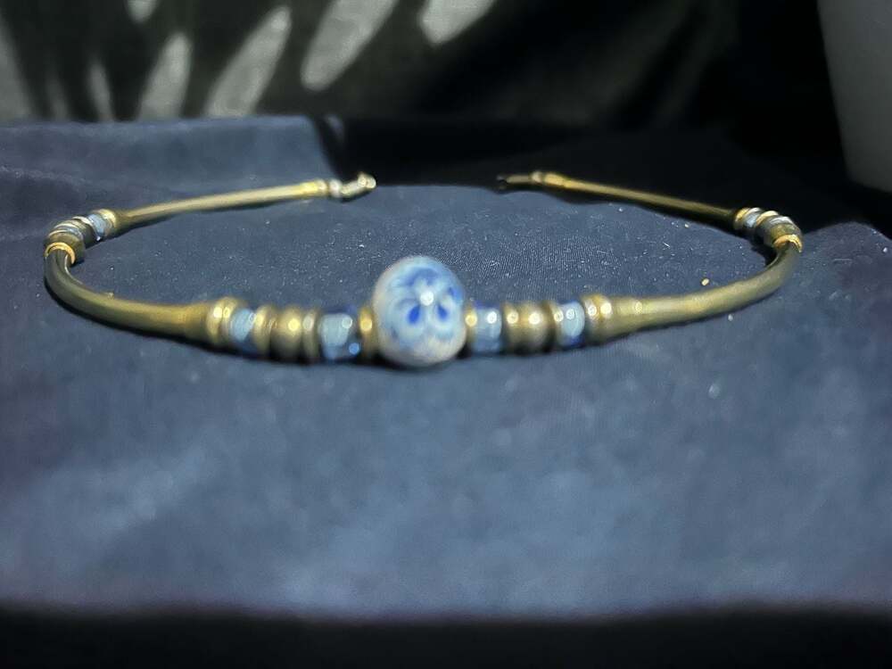 Vintage Tribal Gold Tone Metal Tube Choker Necklace with Blue Floral Ceramic and
